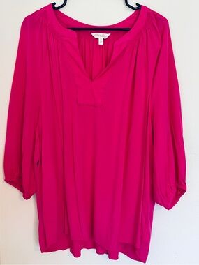 crown & ivy Fuchsia Pink V-neck Peasant Blouse Tunic Top 2X NWOT
